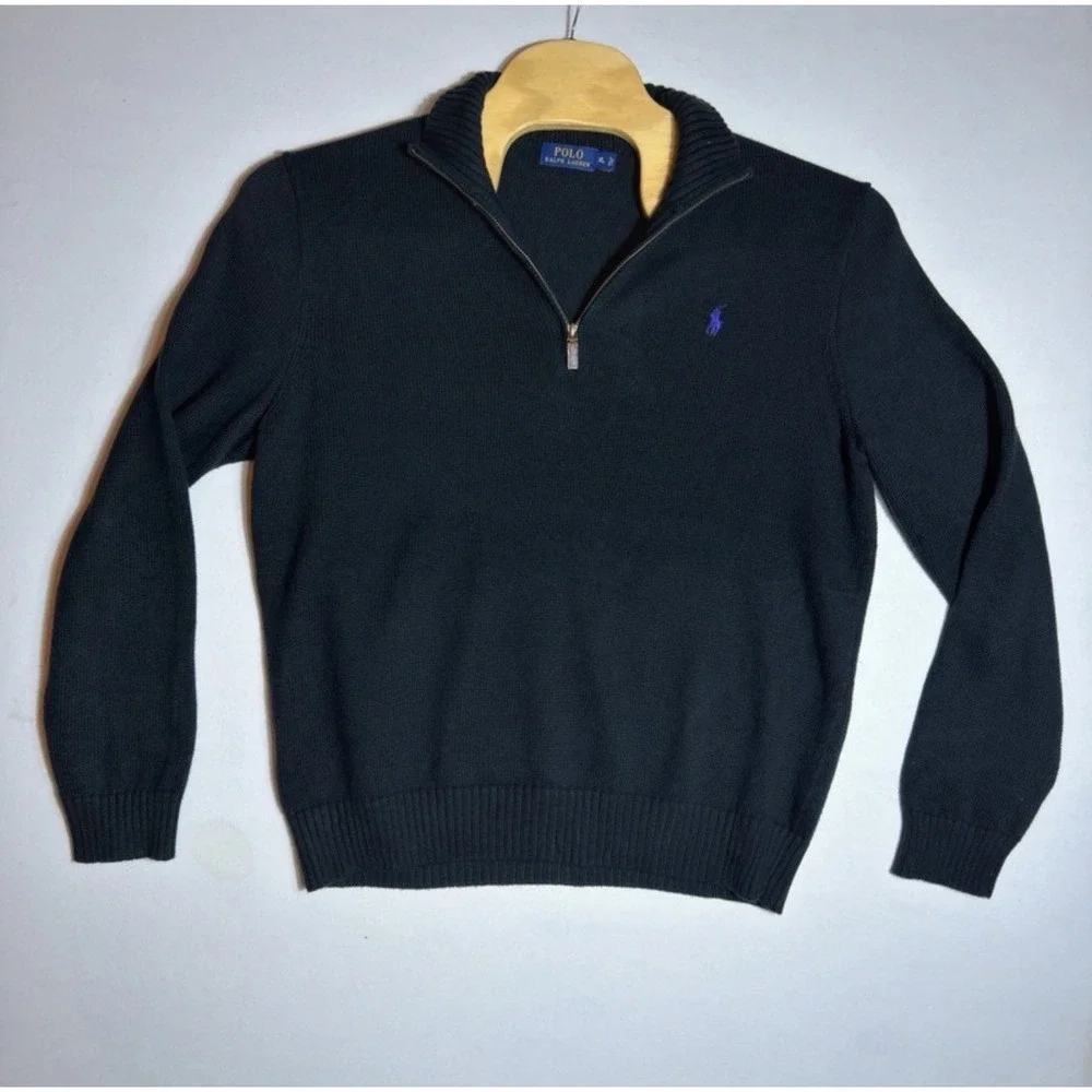 Polo Ralph Lauren Mens XL Black 100% Cotton Quarter Zip Pullover Sweater Pony